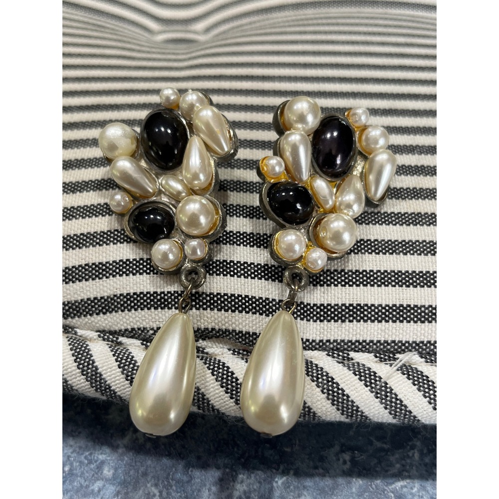 Vintage Faux Pearl Black Cabochon Cluster Drop Earrings Silver Tone Statement